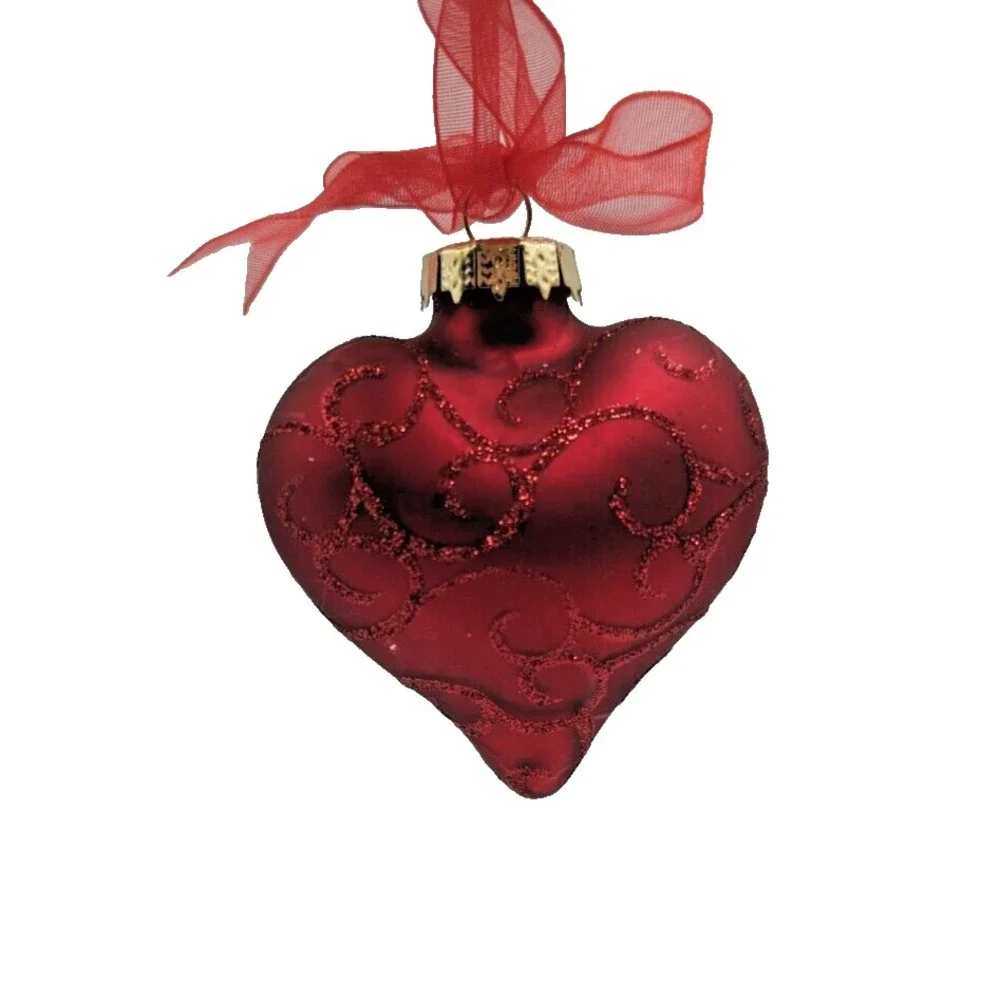 Red Heart Shaped Ornament with Elegant‎ Glitter Design